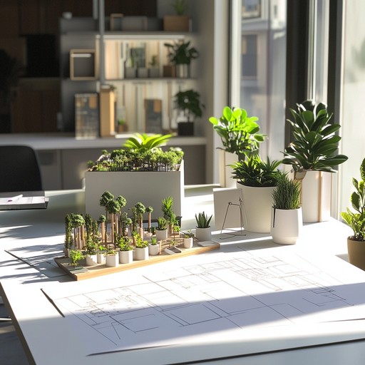 作業デスク上にある設計図面と観葉植物